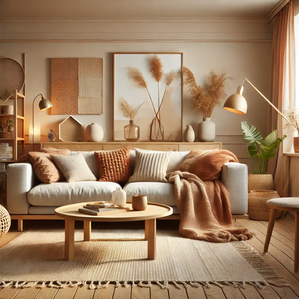 Salon chaleureux avec meubles en bois et lumière douce