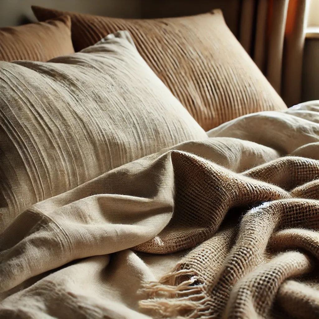 Détail de plaid en laine et draps en lin dans une chambre relaxante