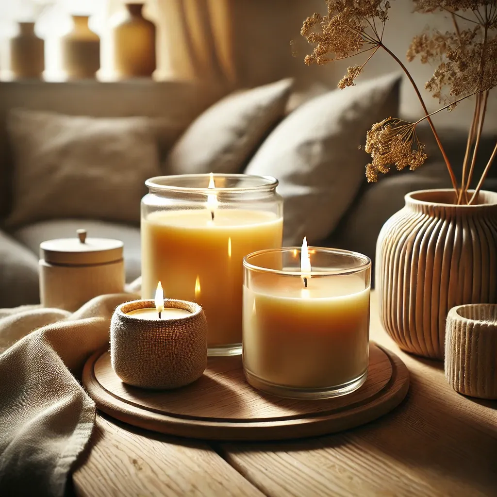 Bougies maison en cire végétale dans des pots en verre avec lumière douce et ambiance cosy