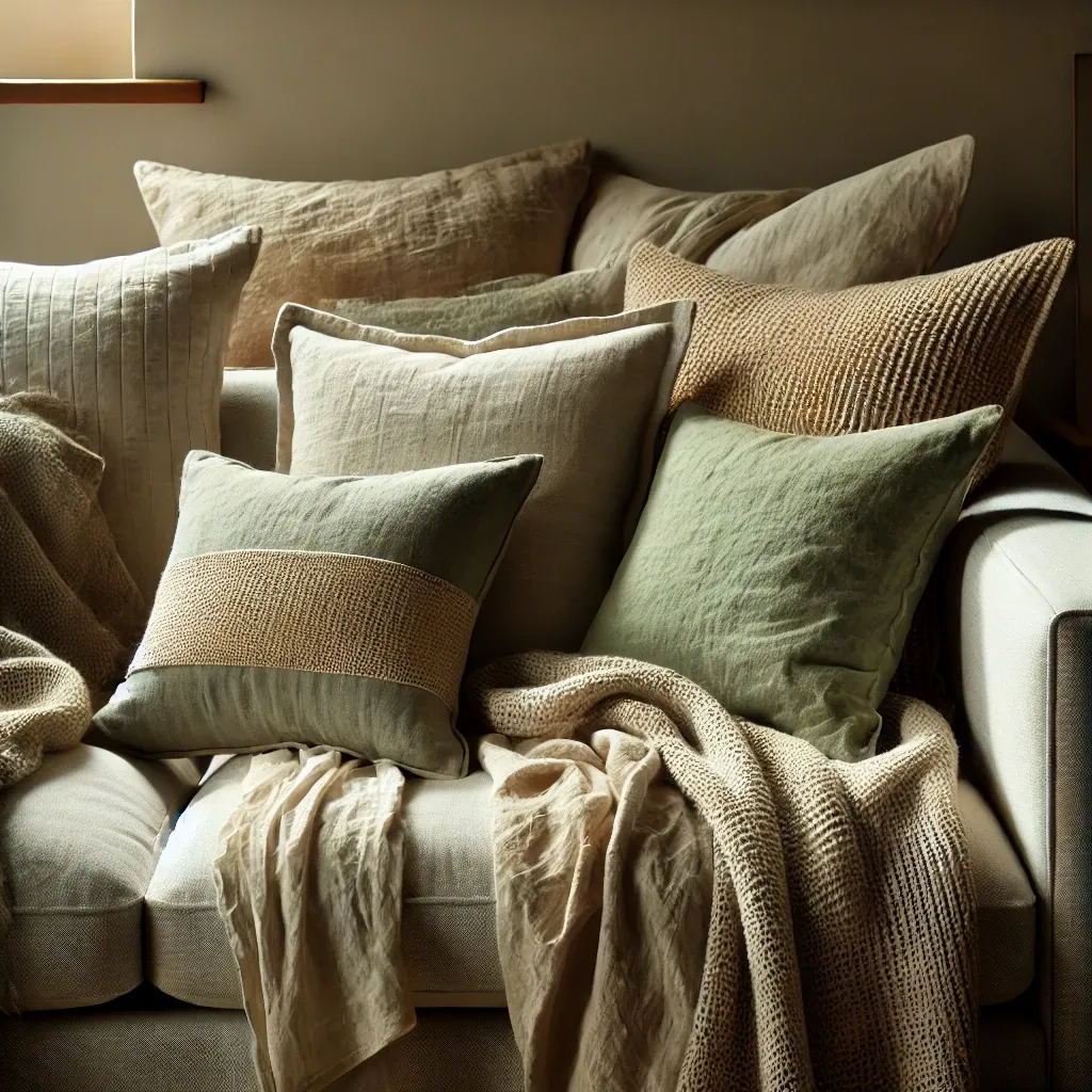 Coussins en lin beige et vert sauge sur canapé dans un salon cosy