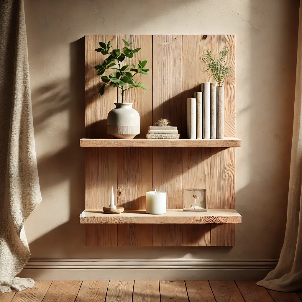 Étagère murale en bois brut décorée avec livres et plante verte dans un intérieur chaleureux