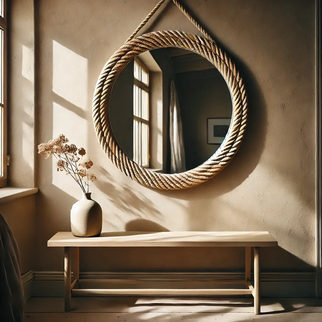 Miroir rond avec cadre en corde naturelle dans une décoration scandinave chaleureuse