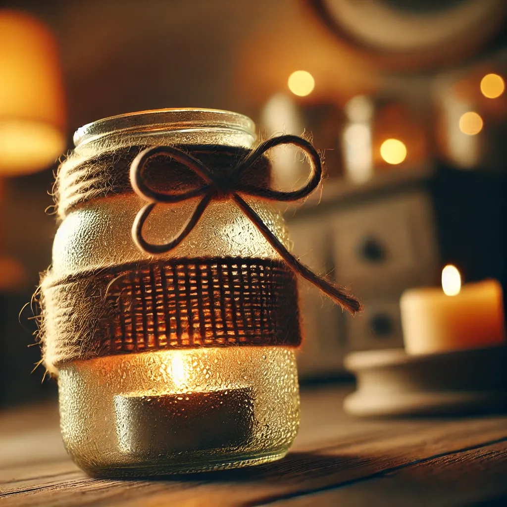 Photophore en verre recyclé décoré avec ficelle naturelle et lumière de bougie
