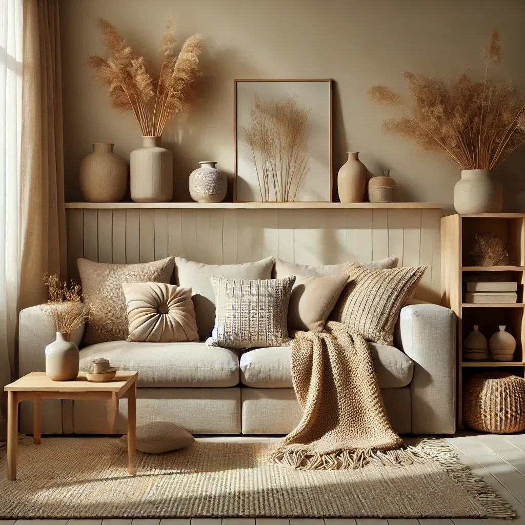 Salon beige chaleureux avec canapé en lin et mobilier en bois naturel
