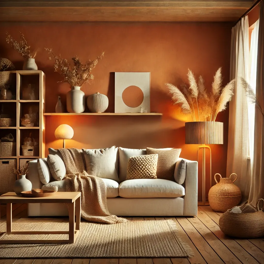 Salon cosy avec mur terracotta et décoration naturelle