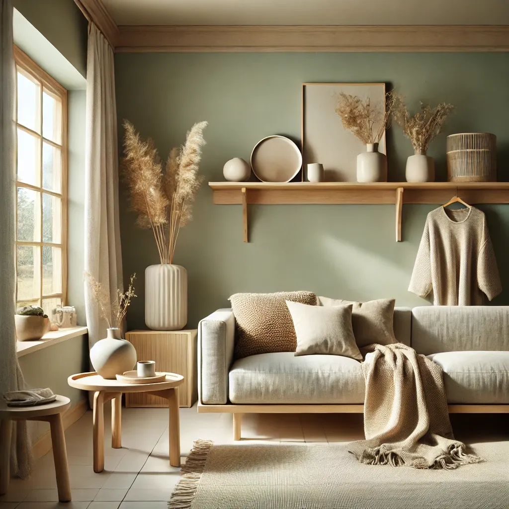 Salon vert sauge avec mobilier en bois et ambiance douce