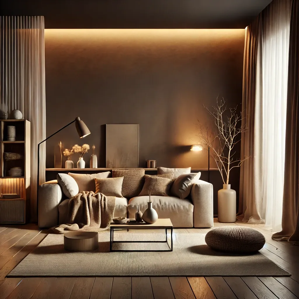 Salon cosy avec mur brun cacao et éclairage chaleureux