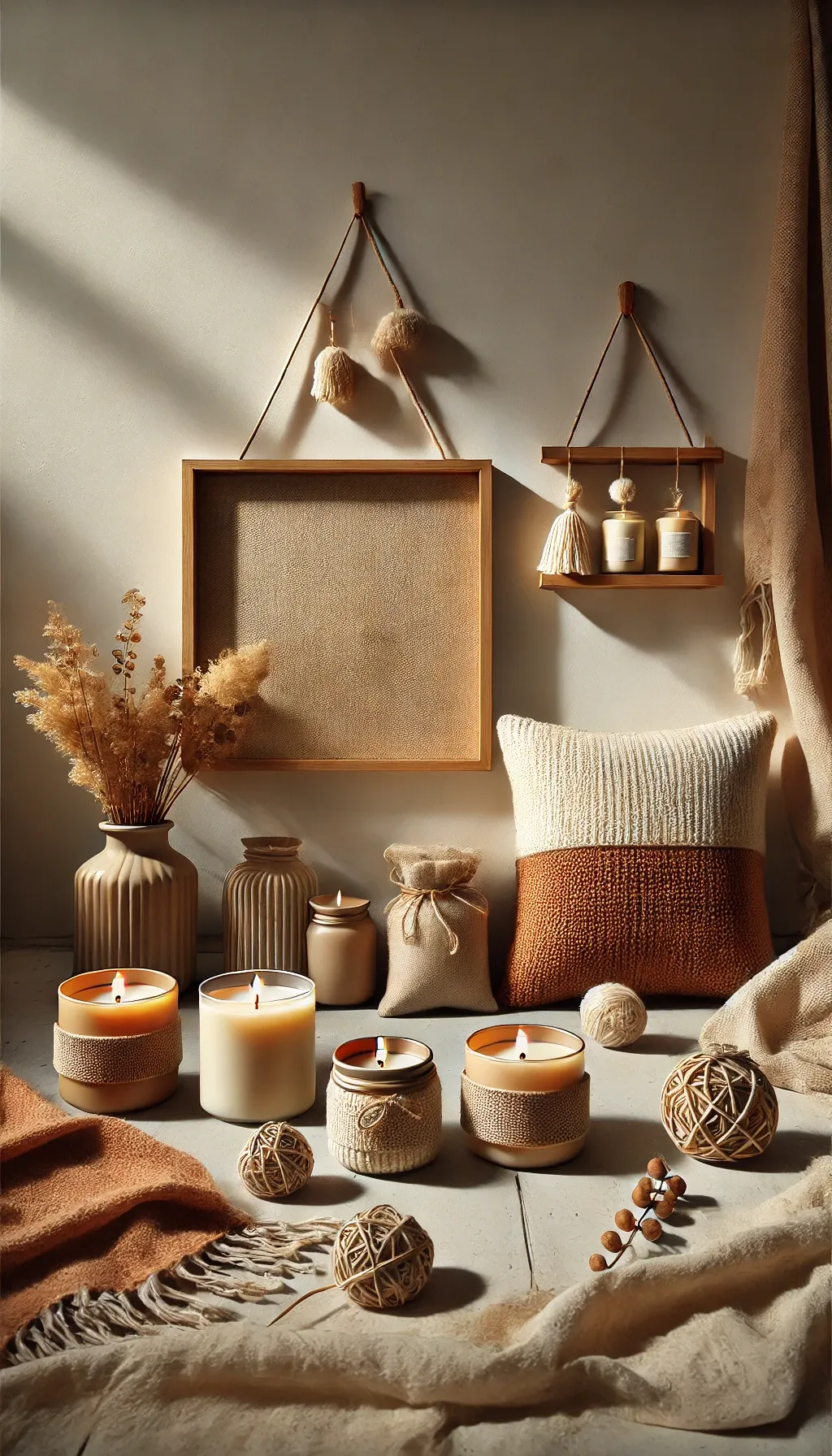 Idées DIY pour intérieur chaleureux avec bougies, coussins en lin et étagère en bois