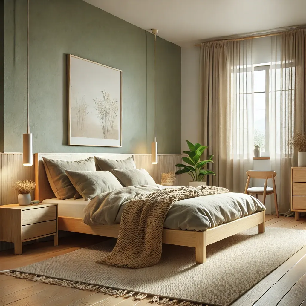 Chambre cocooning vert sauge avec bois clair et textiles naturels
