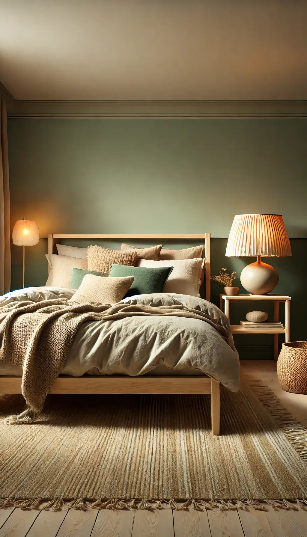 Chambre cocooning avec mur vert sauge et linge de lit en lin beige