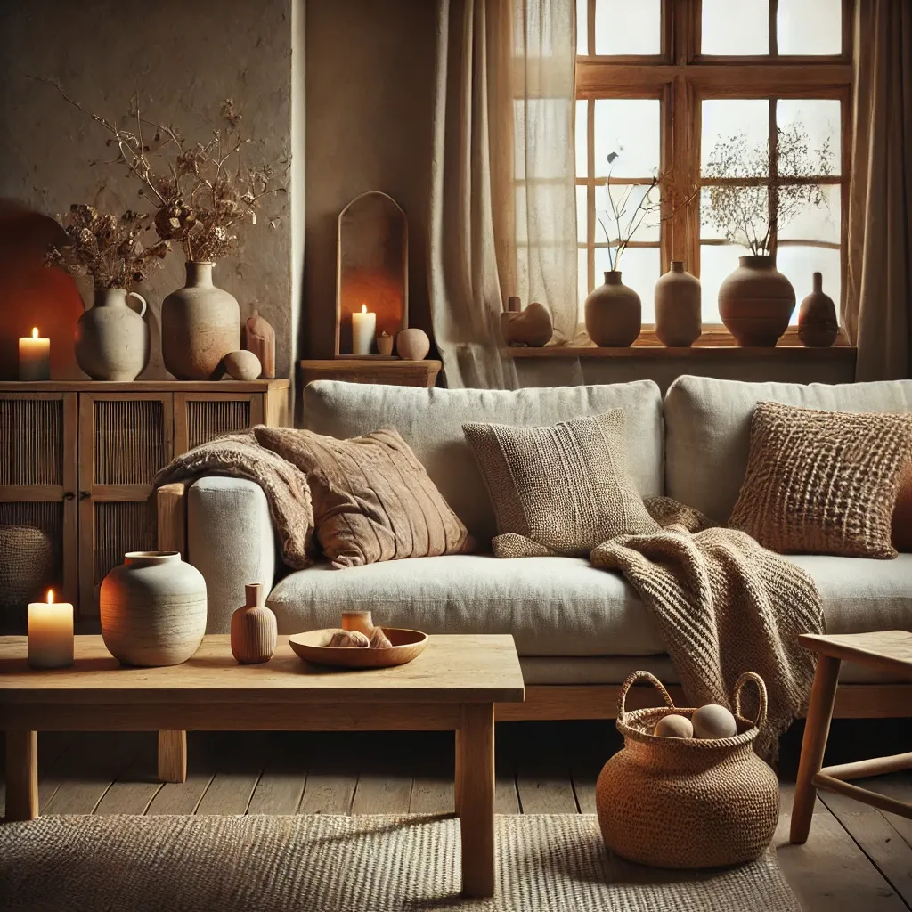 Salon chaleureux avec décoration DIY, bougies naturelles et textiles en lin dans une ambiance cosy beige et bois