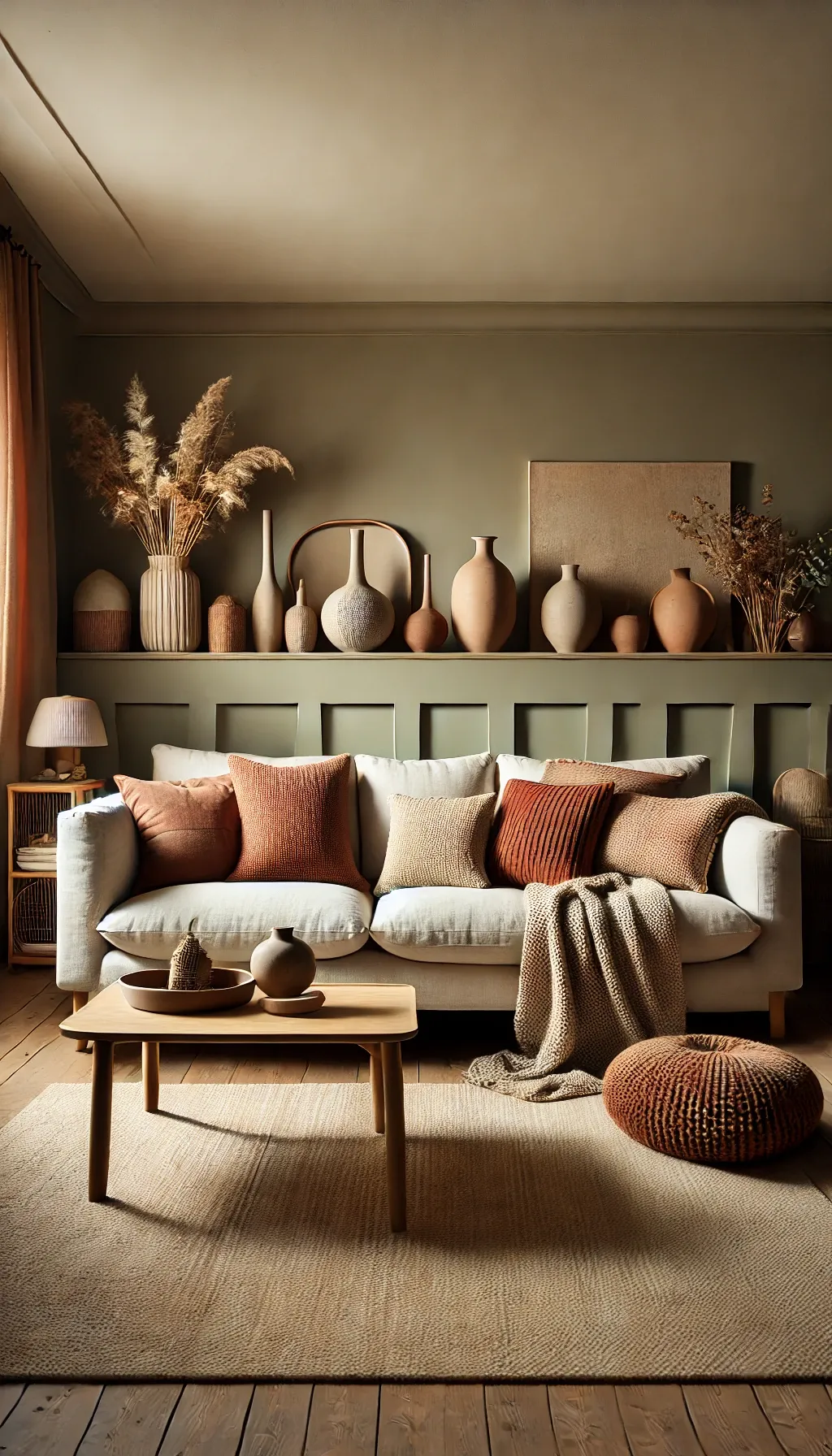 Salon cosy 2026 avec palette beige, terracotta, vert sauge et brun cacao dans une ambiance chaleureuse