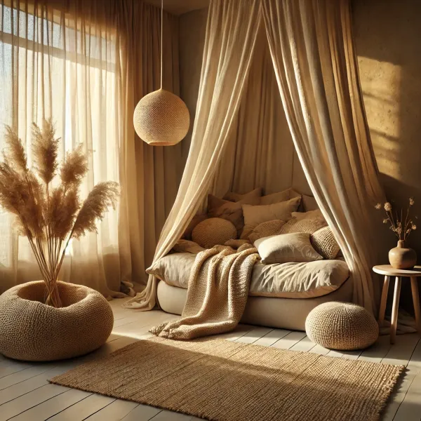 Chambre cocooning beige avec lumière douce et textiles naturels