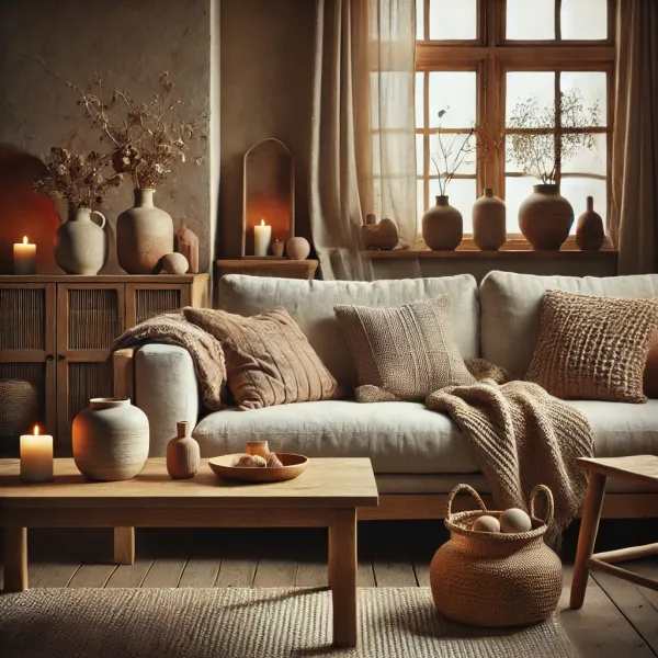 Salon chaleureux avec décoration DIY, bougies naturelles et textiles en lin dans une ambiance cosy beige et bois